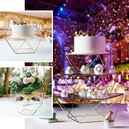 Metal Cake Stand Geometric Pedestal Riser Design Gold with Square Glass Top - Display Centerpiece 14"
