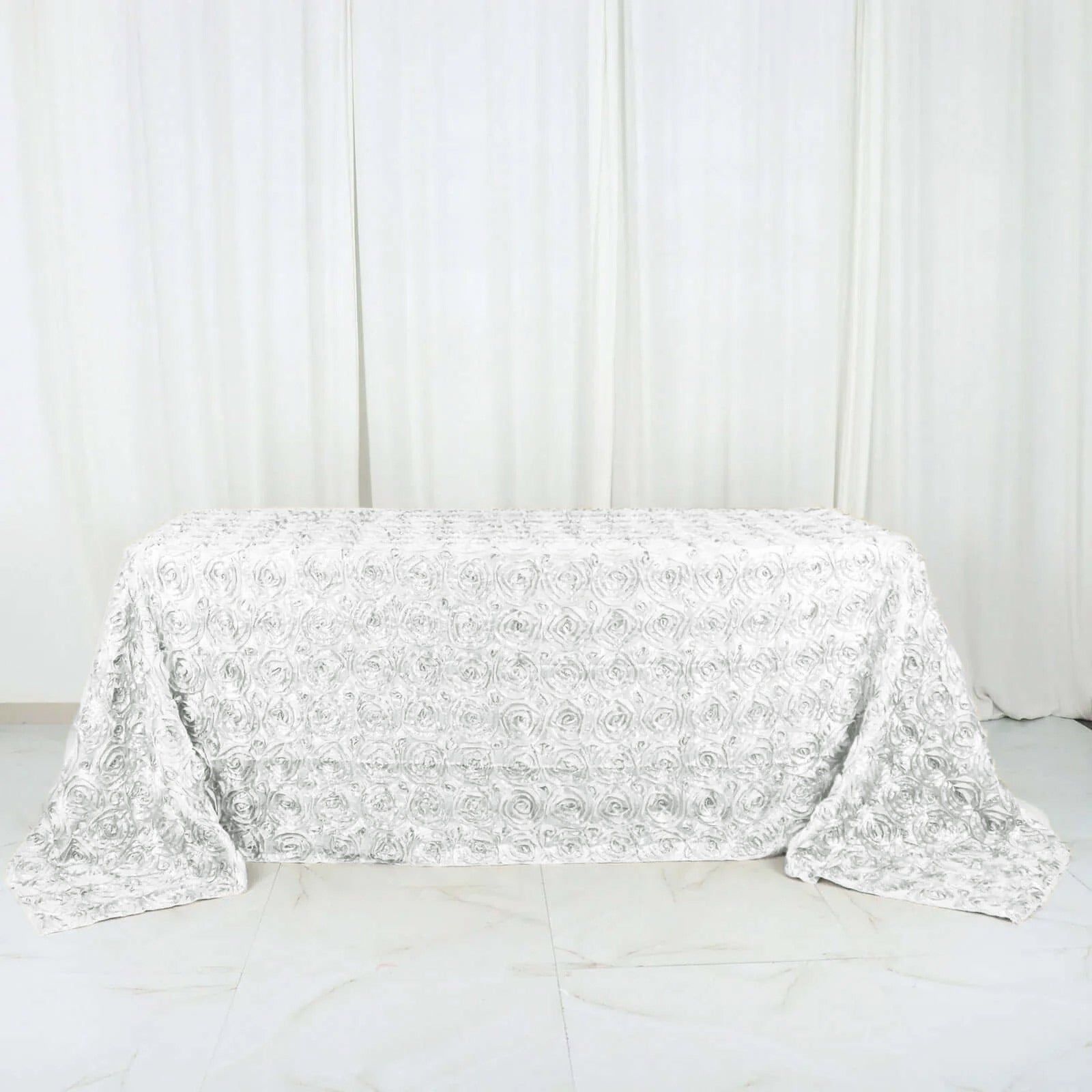 Satin 90"x132" Rectangle Tablecloth White - Grandiose 3D Rosette Design with Seamless Finish for Graceful Gatherings