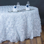 Satin 132" Round Tablecloth White - Grandiose 3D Rosette Design with Seamless Finish for Chic Occasions
