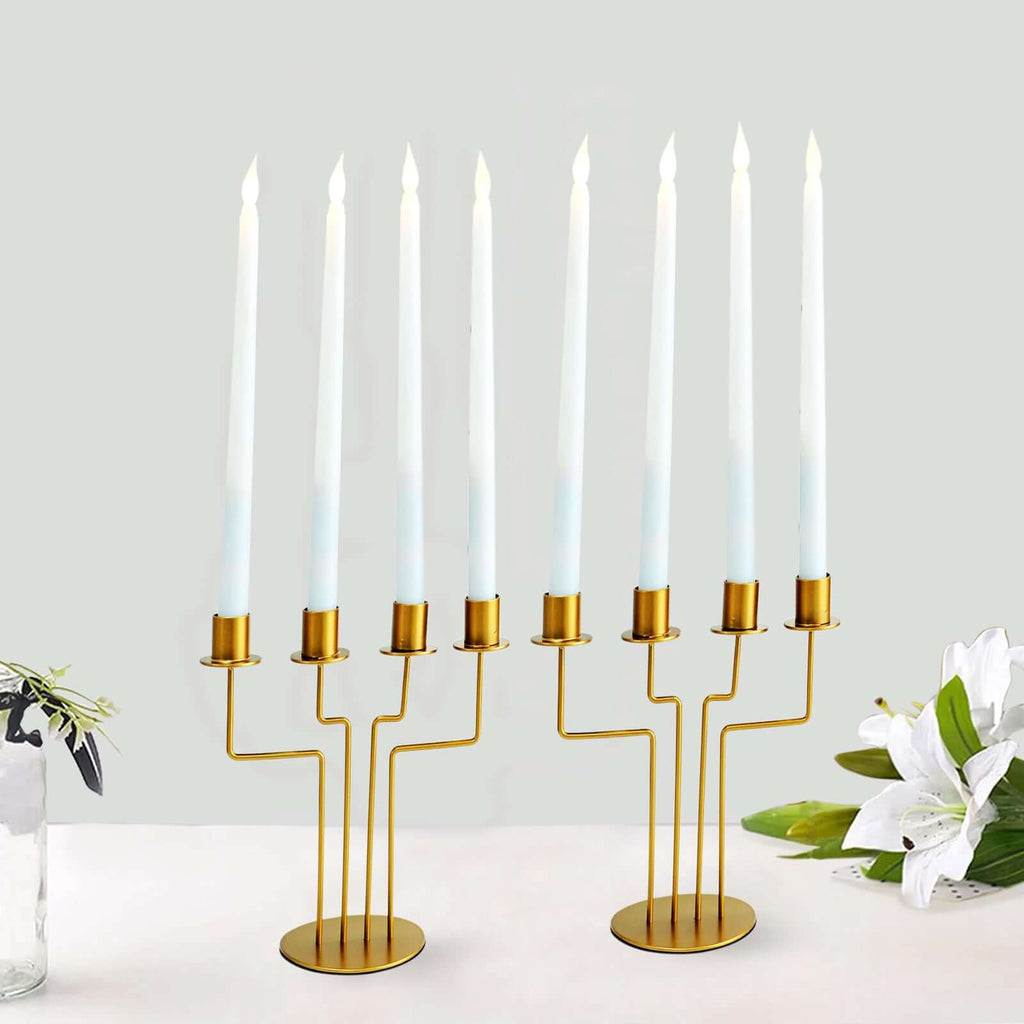 2-Pack Geometric Taper Candelabra 4 Arm Design Gold Metal Decorative Centerpiece - Perfect for Events 8"