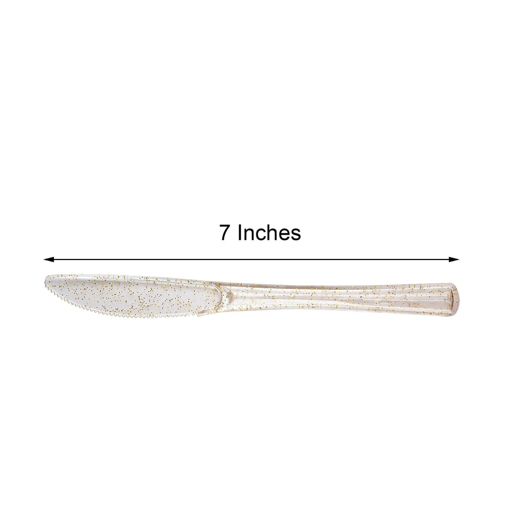 25-Pack Plastic Knives Clear Gold Glitter Classic Heavy Duty - Decorative Disposable Cutlery 7"