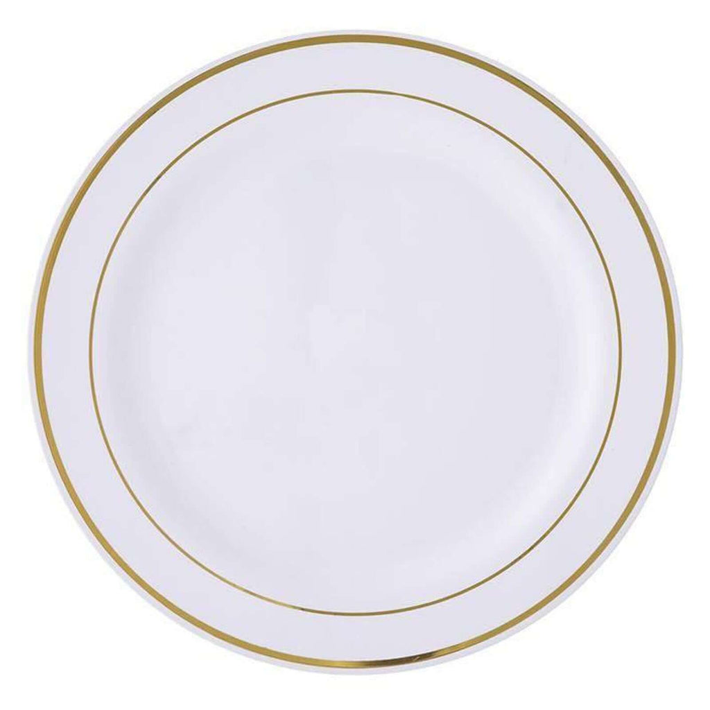 10-Pack Plastic Dessert Plates White with TrÃ¨s Chic Gold Rim - Disposable Plates for Parties 8"
