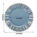 6-Pack Acrylic Plastic Round Charger Plates 13" in Dusty Blue with Gold Brushed Wavy Scalloped Rim, Decorative Dinner Party Charger Tableware