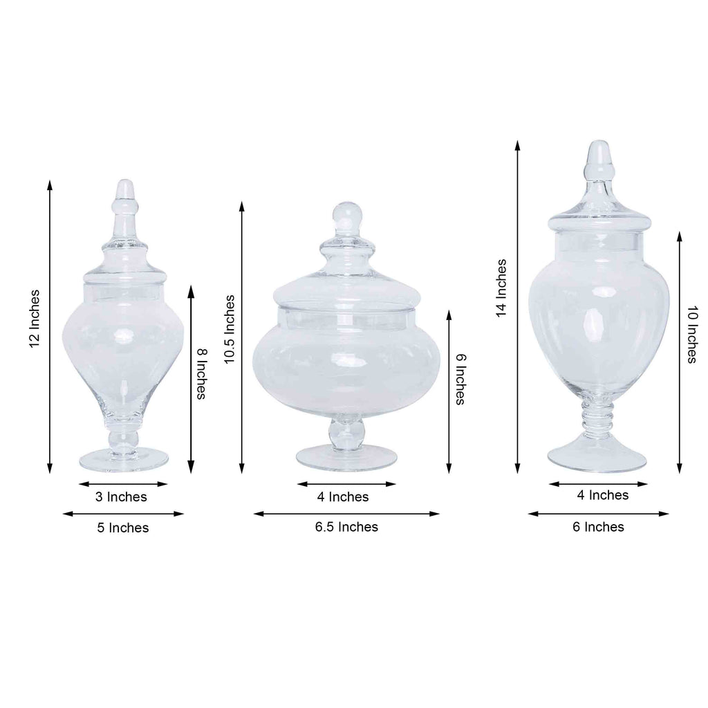 Set of 3 Glass Candy Jars Pedestal Apothecary Design Clear with Snap-On Lids - Stylish Party Favor Containers 10"/12"/14"
