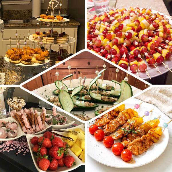 100-Pack Bamboo Cocktail Picks Gold Pearl Decorative Top Design - Eco Friendly Stir Sticks 4.5"