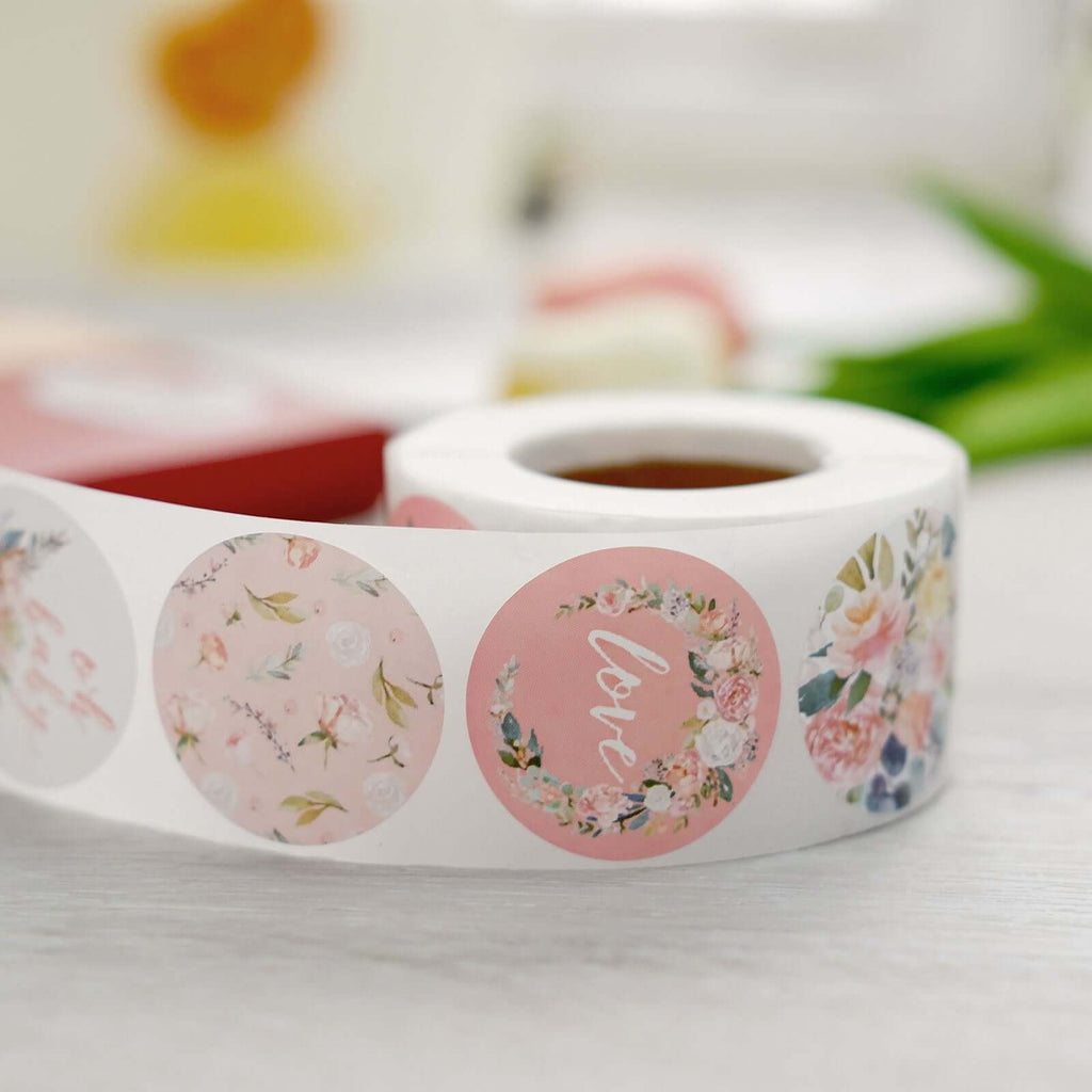 500Pcs 1.5" Baby Shower Love and Oh Baby Floral Stickers Roll, Labels For DIY Envelope Seal - Round
