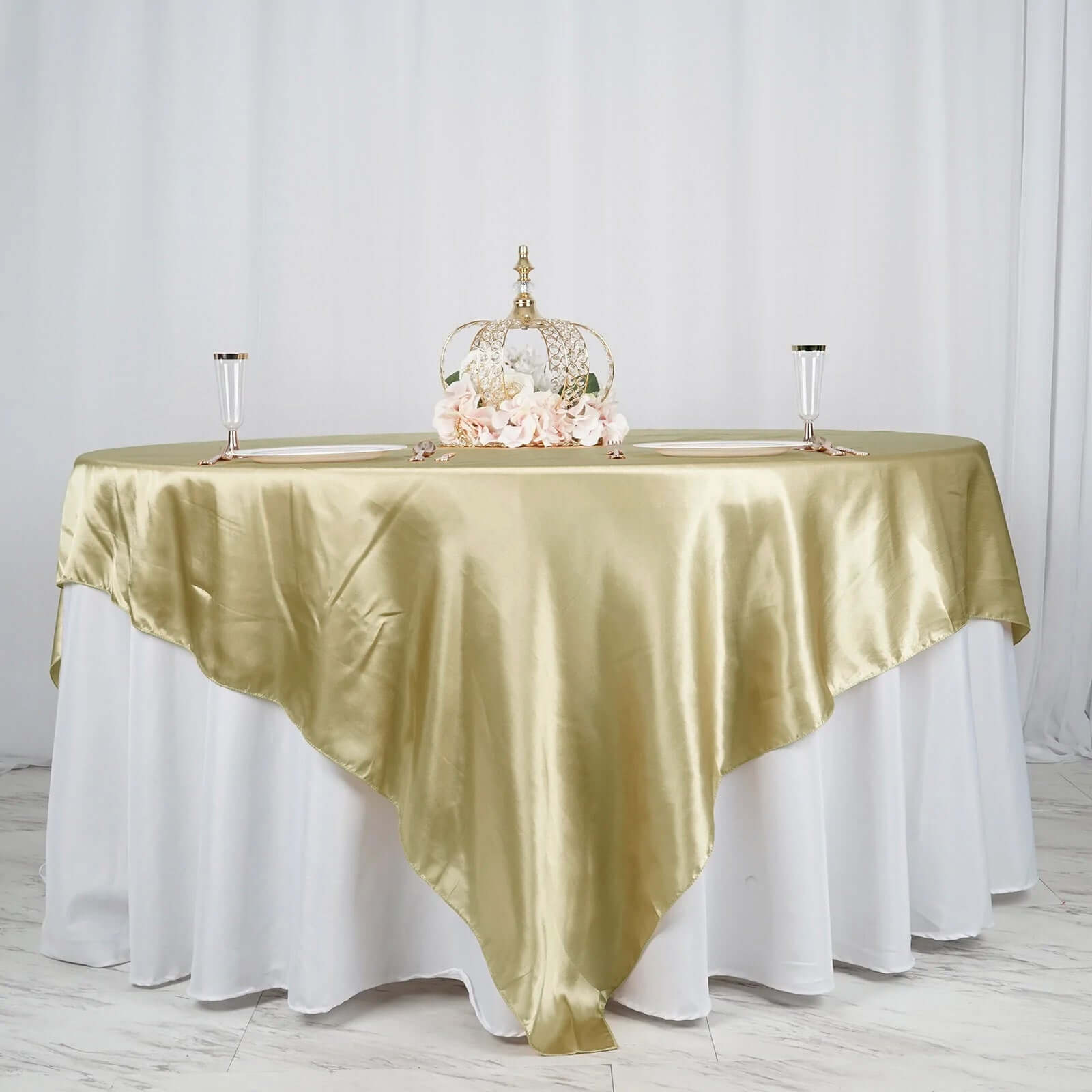 Satin 90"x90" Table Overlay Square Tablecloth Champagne - Smooth Finish Table Topper