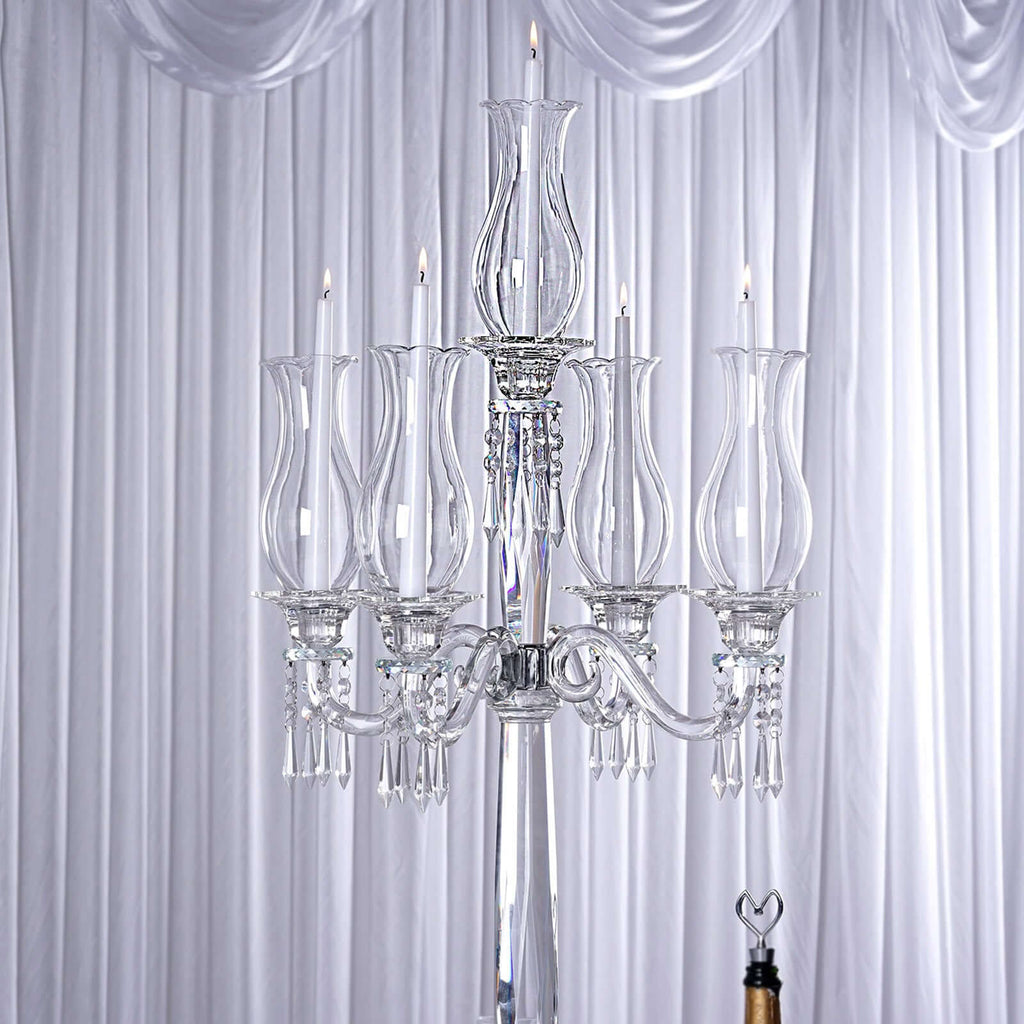 5 Arm Crystal Glass Taper Candle Holder Candelabra, Luxurious Table Centerpiece With Chandelier Chains 40"