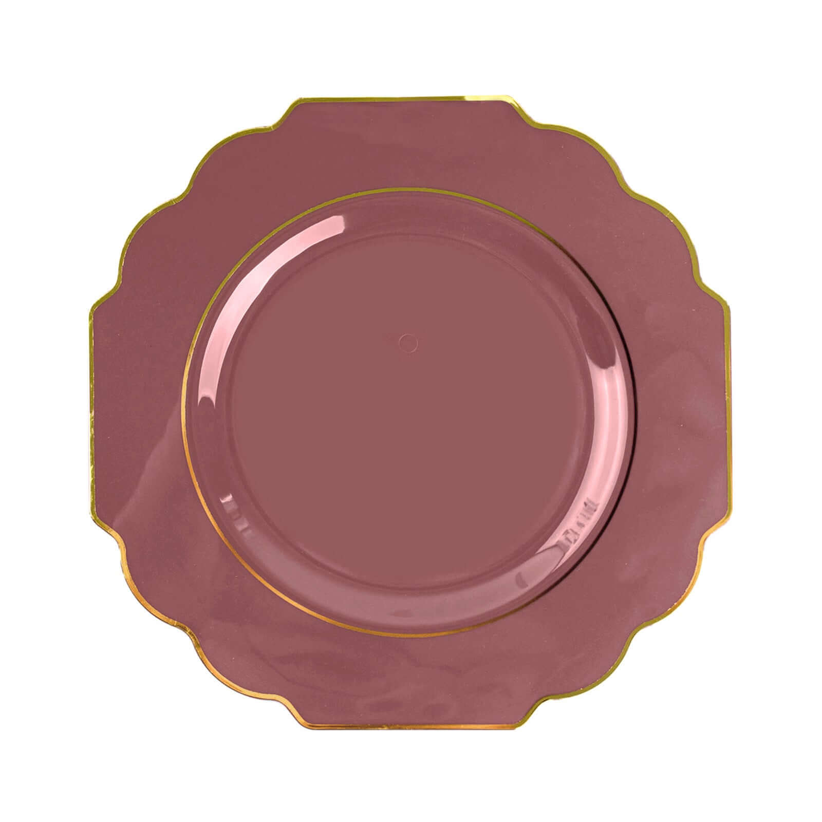 10-Pack Plastic Dinner Plates in Cinnamon Rose Baroque Design with Scalloped Gold Rim - Heavy Duty Disposable Party Plates 11"
