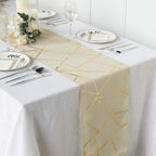 Polyester 9ft Table Runner Beige with Gold Foil Modern Geometric Accent