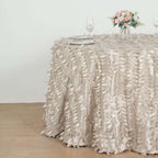 Taffeta 120" Round Tablecloth Beige | 3D Leaf Petal Design Seamless Table Cover for Chic Wedding & Event Decor