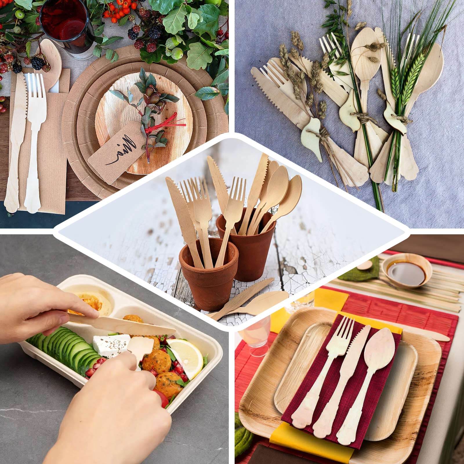 24-Pack Birchwood Utensils Set in Natural Vintage Baroque Design - Eco Friendly Biodegradable Wooden Forks, Spoons & Knives for Rustic Themes & Outdoor Parties