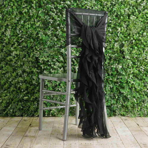 1 Set Chiffon Hoods Chair Sashes with Willow Ruffles Design Black - Stylish Decor for Weddings & Gatherings