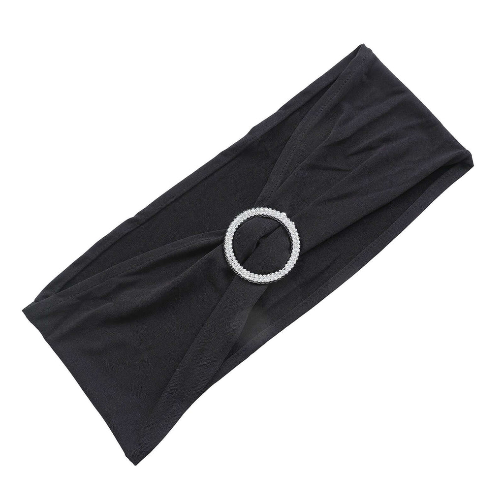 5 Pack Stretch Spandex Chair Sashes Black - Classy Reusable Chair Bands with Silver Diamond Ring Slide Buckle 5"x14"