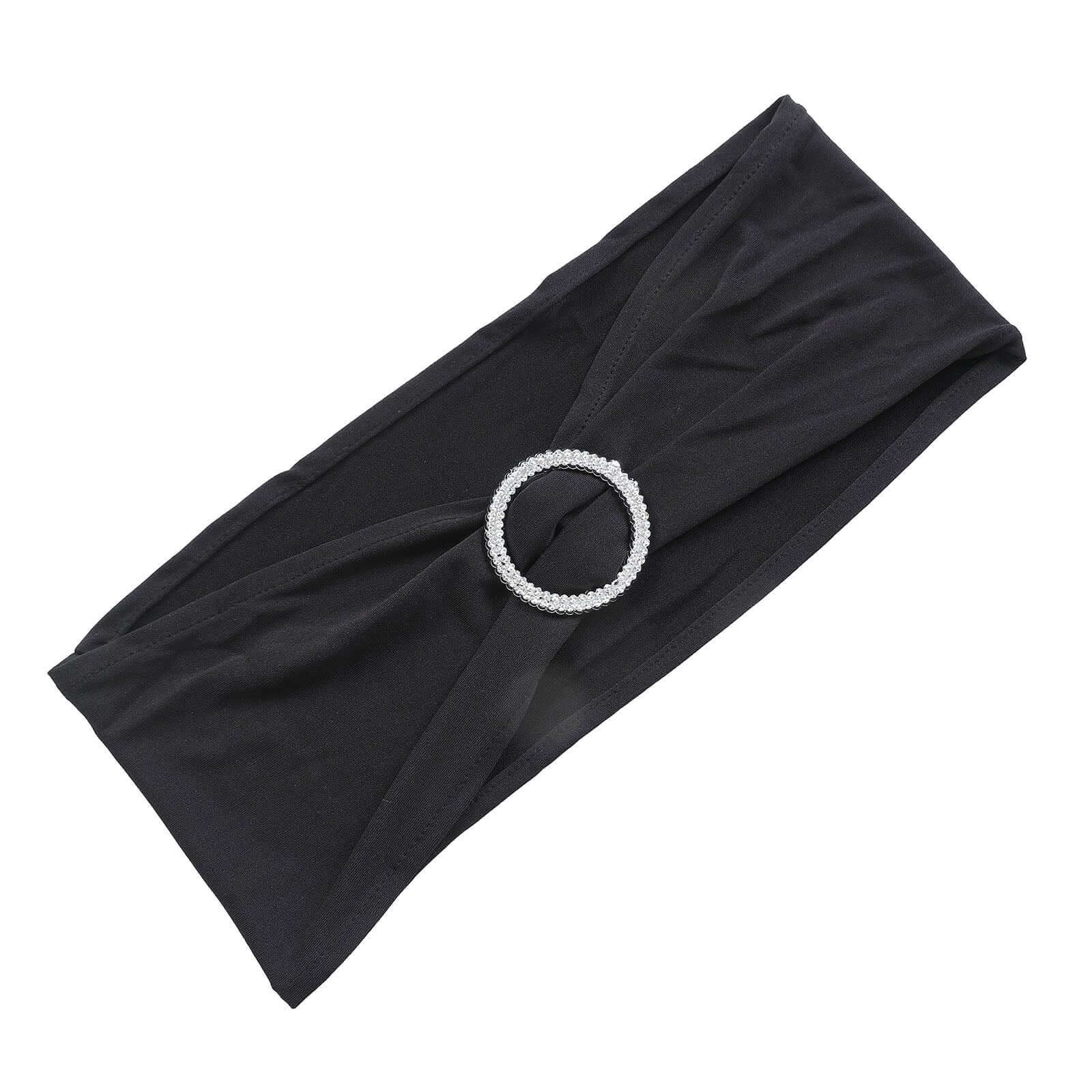 5 Pack Stretch Spandex Chair Sashes Black - Classy Reusable Chair Bands with Silver Diamond Ring Slide Buckle 5"x14"