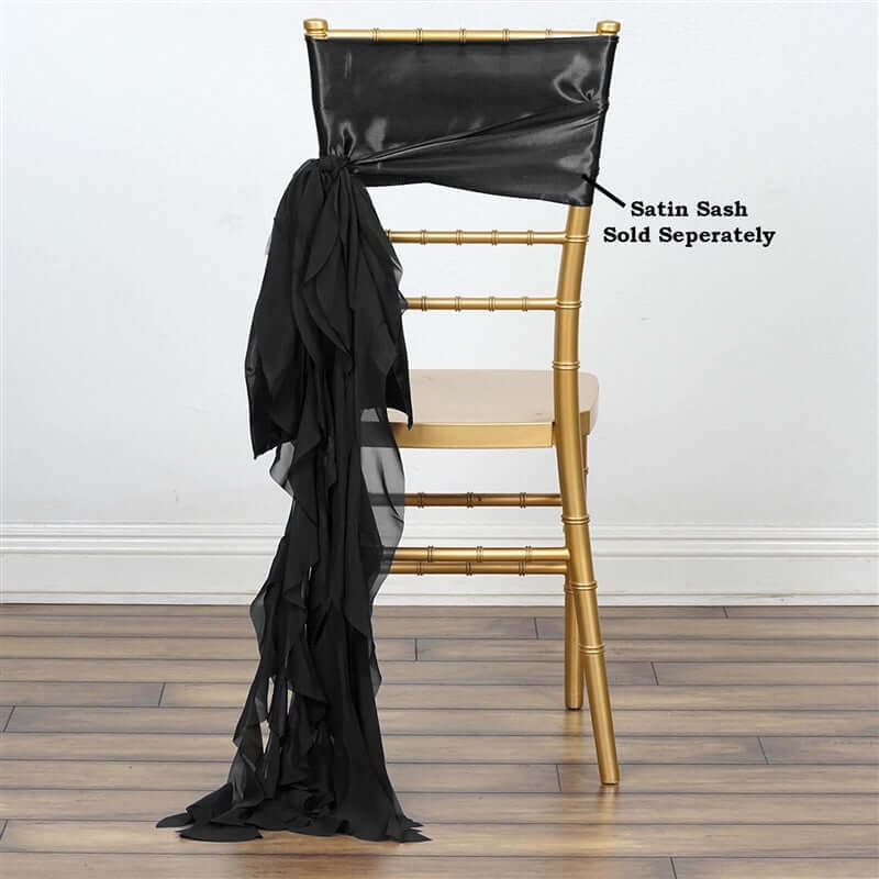 Chiffon Chair Sash with Curly Design Black - Stylish Event Decor for Weddings & Gatherings