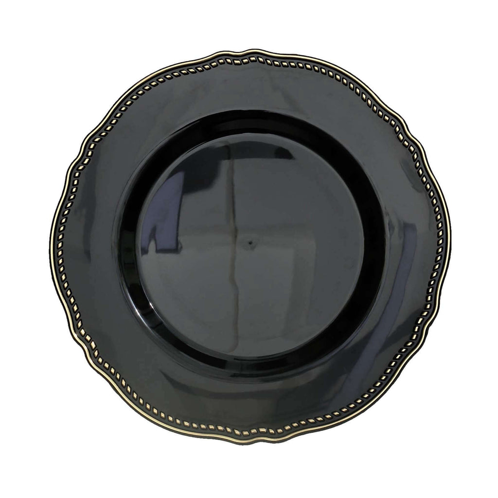 10-Pack Plastic 10" Dinner Plates in Black with Gold Scalloped Rim - Disposable Large Party Plates