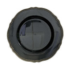 10-Pack Plastic 10" Dinner Plates in Black with Gold Scalloped Rim - Disposable Large Party Plates