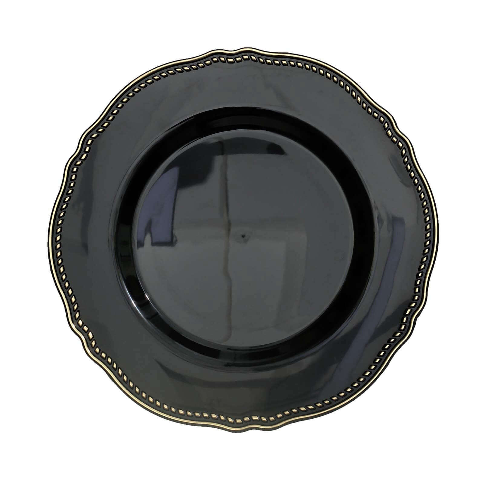 10-Pack Plastic 10" Dinner Plates in Black with Gold Scalloped Rim - Disposable Large Party Plates