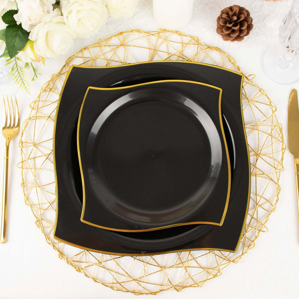 10-Pack Plastic 8" Square Dessert Plates in Black with Gold Wavy Rim Modern - Disposable Salad Appetizer Party Plates