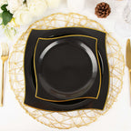 10-Pack Plastic 8" Square Dessert Plates in Black with Gold Wavy Rim Modern - Disposable Salad Appetizer Party Plates