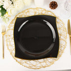 10-Pack Plastic 10" Square Dinner Plates in Black with Gold Wavy Rim Modern - Disposable Party Plates