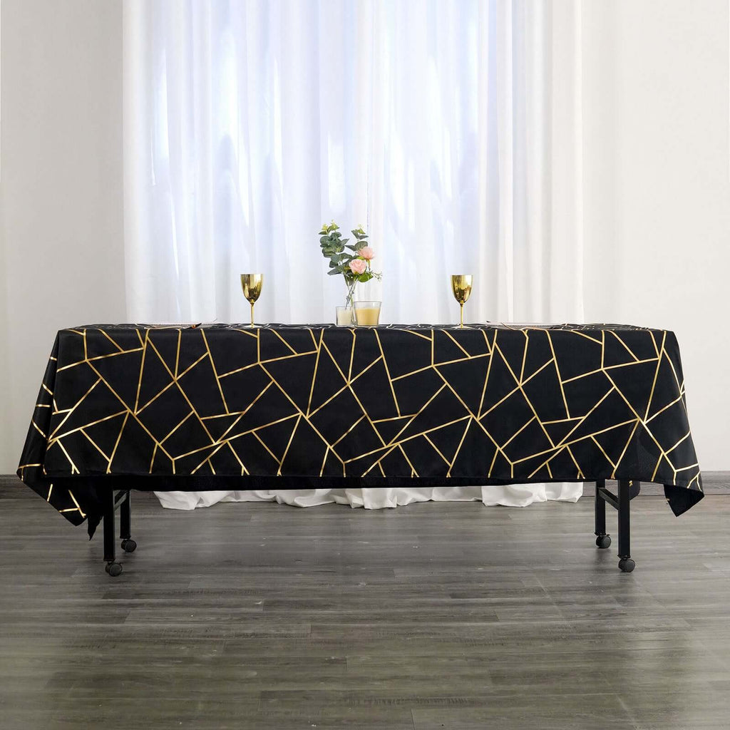 Polyester 60"x102" Rectangle Tablecloth Black with Gold Foil Geometric Pattern - Wrinkle-Resistant & Durable Table Cover