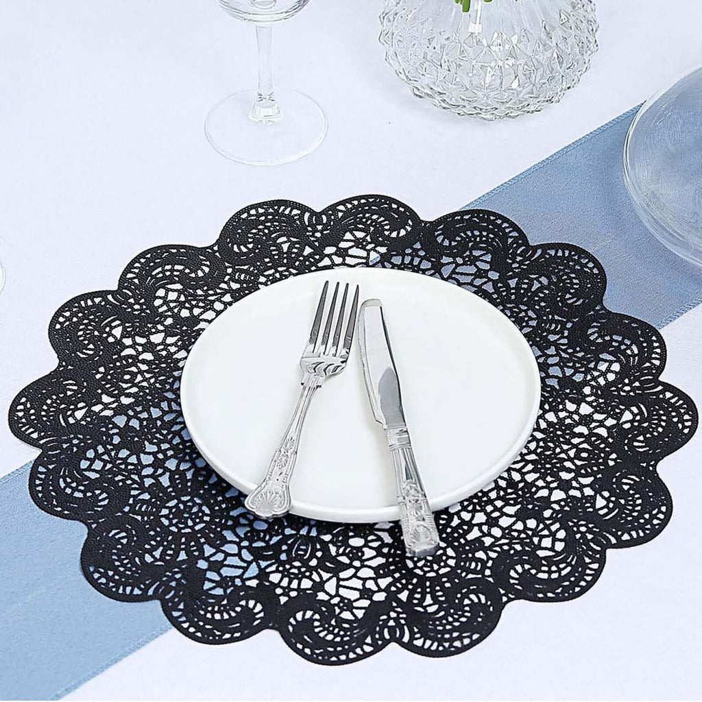6-Pack Dining Table Mats Floral Lace Design Black - Vinyl Non-Slip Surface with Vintage Appeal 15"