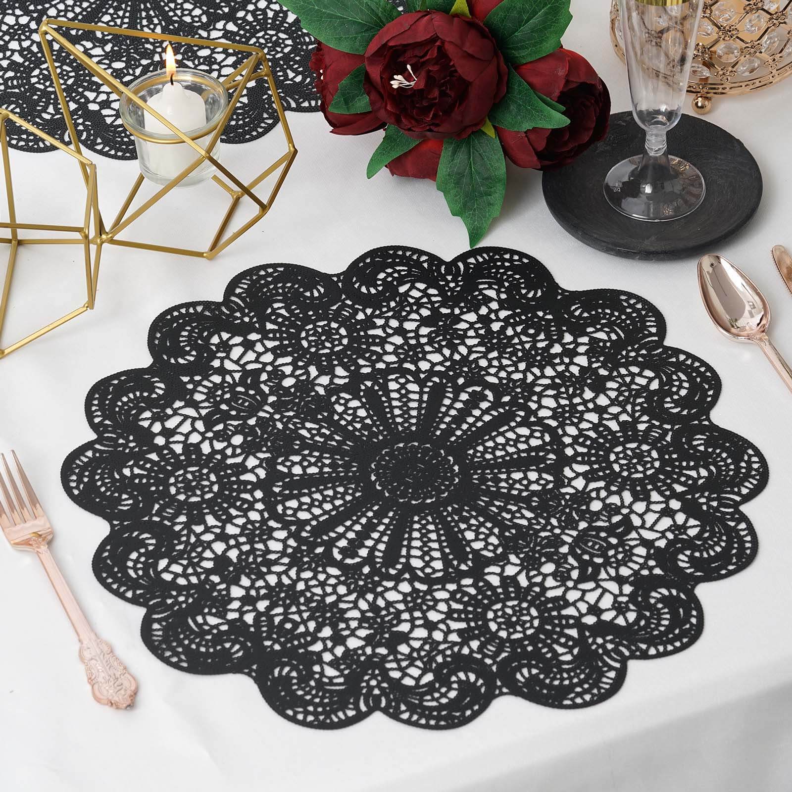 6-Pack Dining Table Mats Floral Lace Design Black - Vinyl Non-Slip Surface with Vintage Appeal 15"