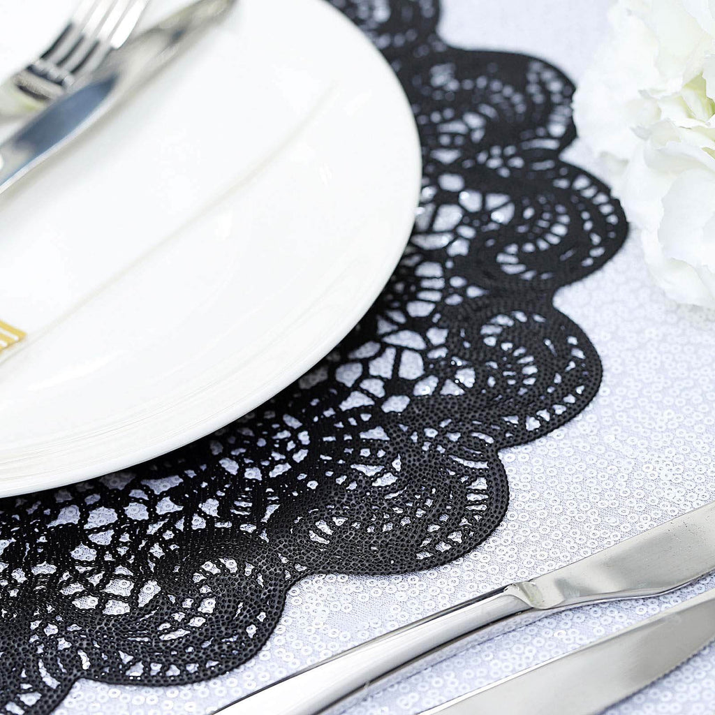 6-Pack Dining Table Mats Floral Lace Design Black - Vinyl Non-Slip Surface with Vintage Appeal 15"