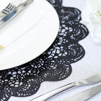 6-Pack Dining Table Mats Floral Lace Design Black - Vinyl Non-Slip Surface with Vintage Appeal 15"