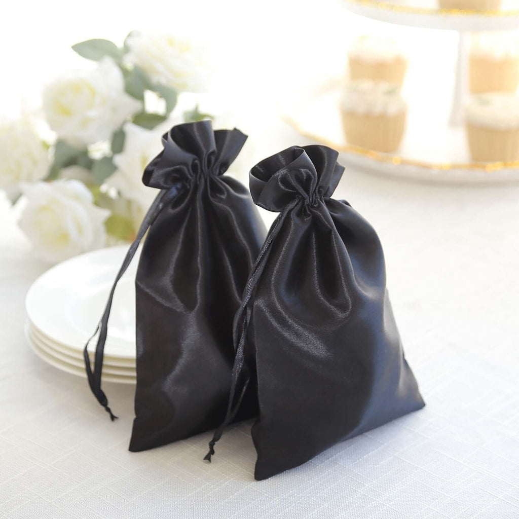 12 Pack 6"x9" Black Satin Drawstring Wedding Party Favor Gift Bags