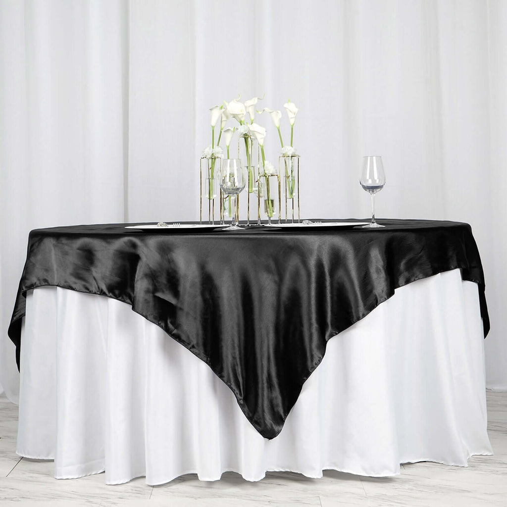 Satin 72"x72" Table Overlay Square Tablecloth Black - Smooth Finish for Luxurious Events