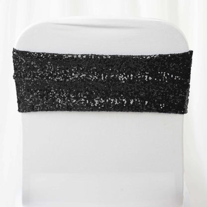 5 Pack Sequin Spandex Chair Sashes Black - Sparkly Stretch Chair Bands for Glamorous Events 6"x15"