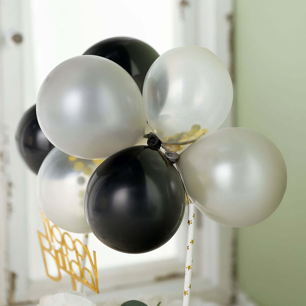 11 Pcs Balloon Cake Topper Black, Silver and Clear - Whimsical Clustered Mini Garland Cake Inserts DIY Party Decorations
