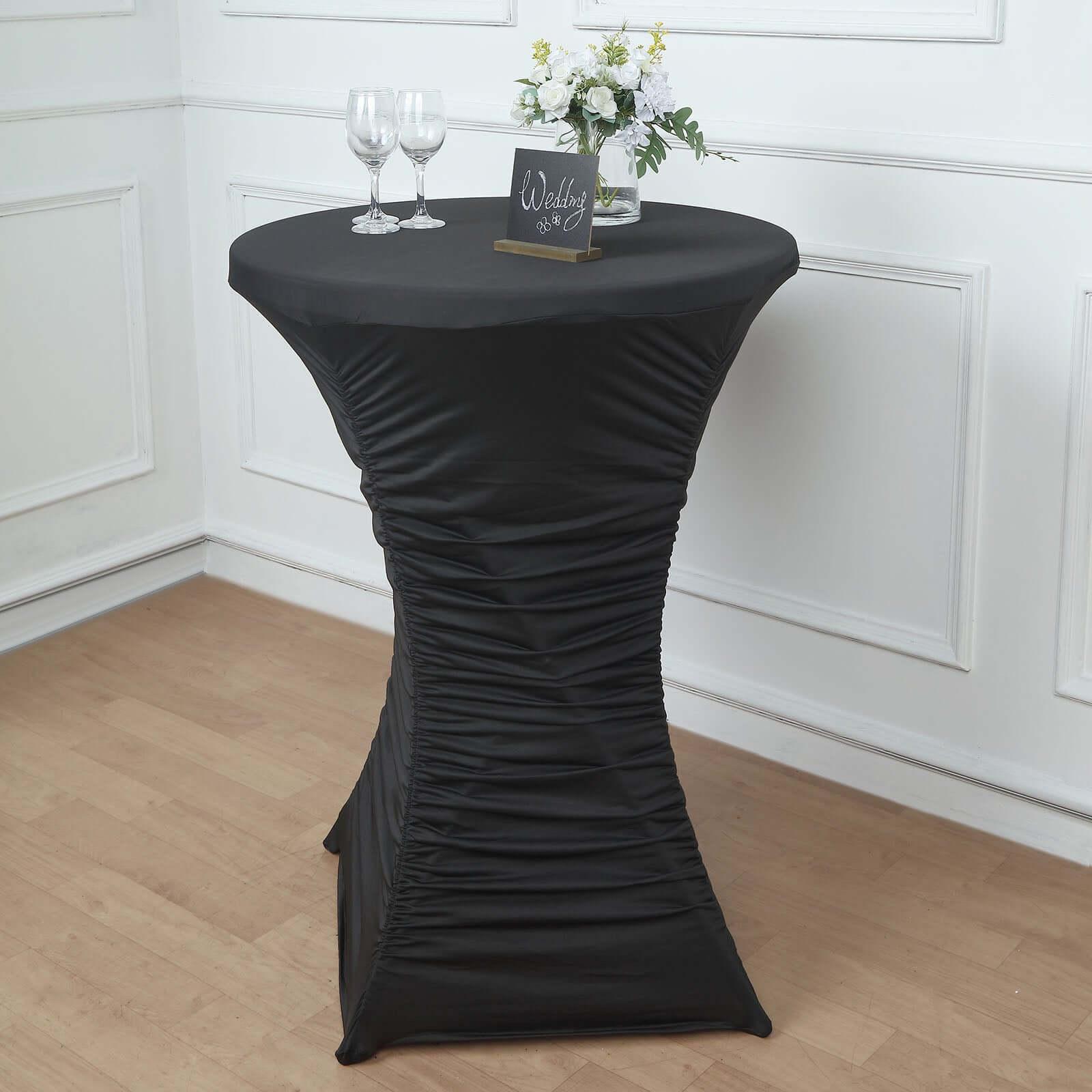 Heavy Duty Spandex 30" Fitted Round Cocktail Table Cover Black Ruched Pleated - Durable Stretch Design