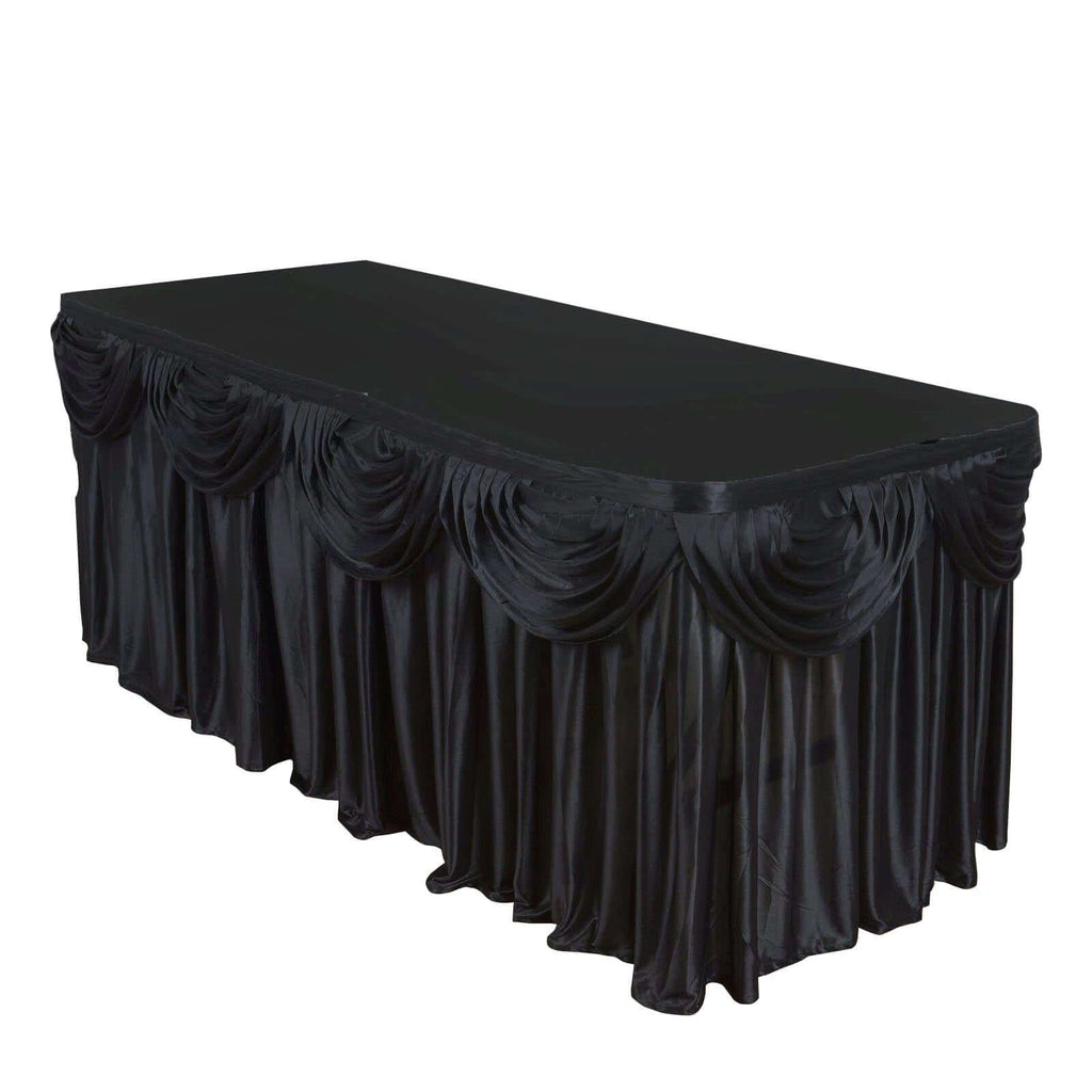 Satin 21ft Table Skirt Black - Pleated Double Drape Table Cover