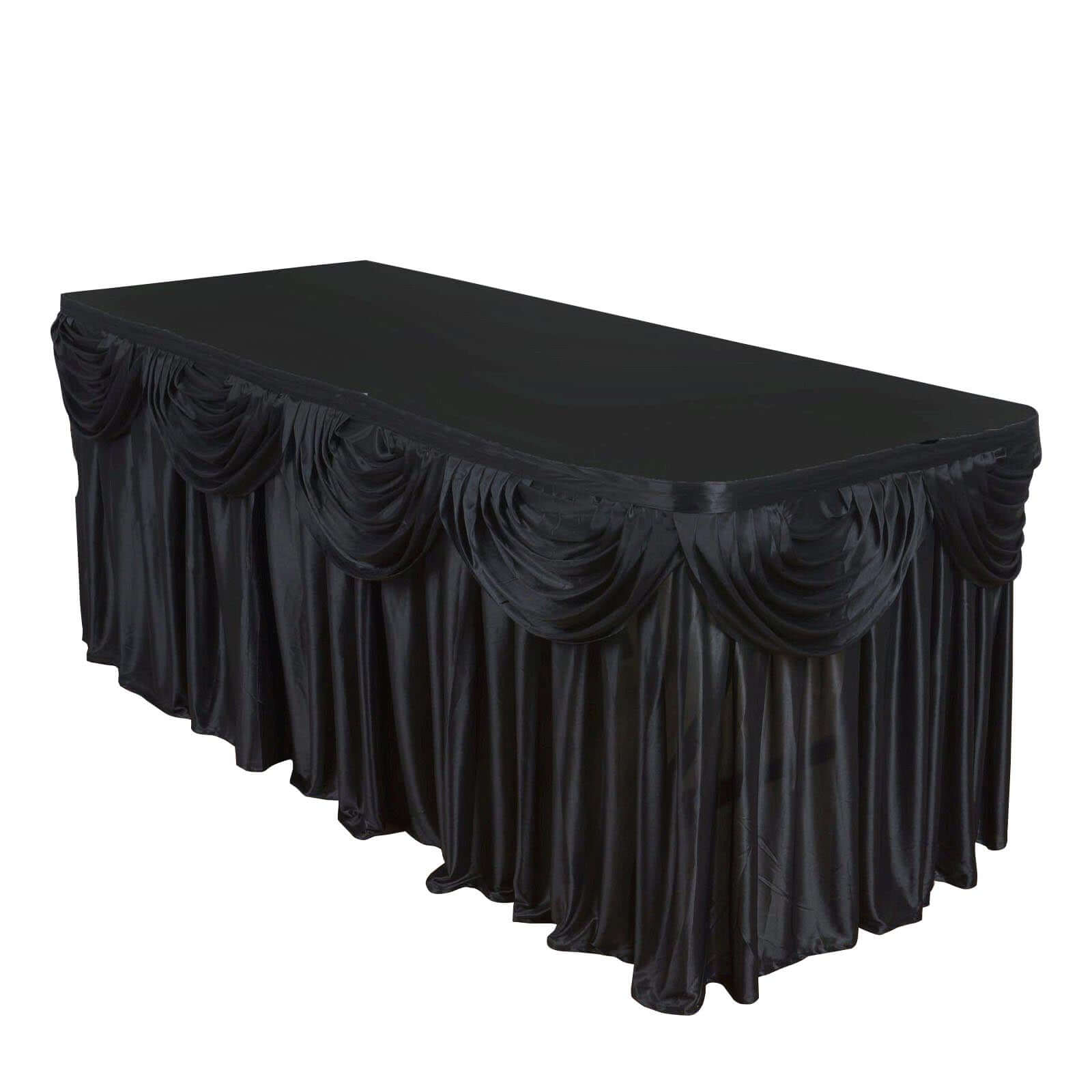 Satin 21ft Table Skirt Black - Pleated Double Drape Table Cover