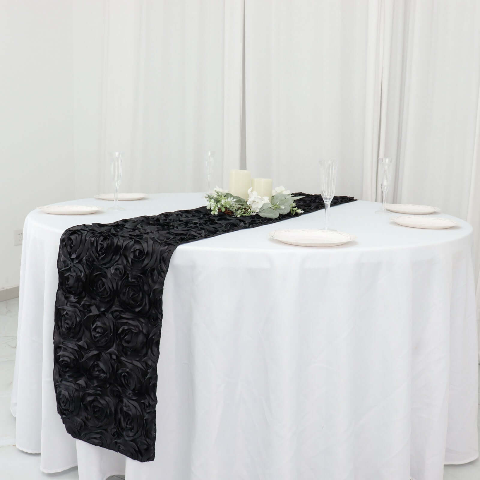 Rosette Satin 14"x108" Table Runner Black - Grandiose Design