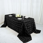 Satin 90"x132" Rectangle Tablecloth Black - Grandiose 3D Rosette Design with Seamless Finish for Graceful Gatherings