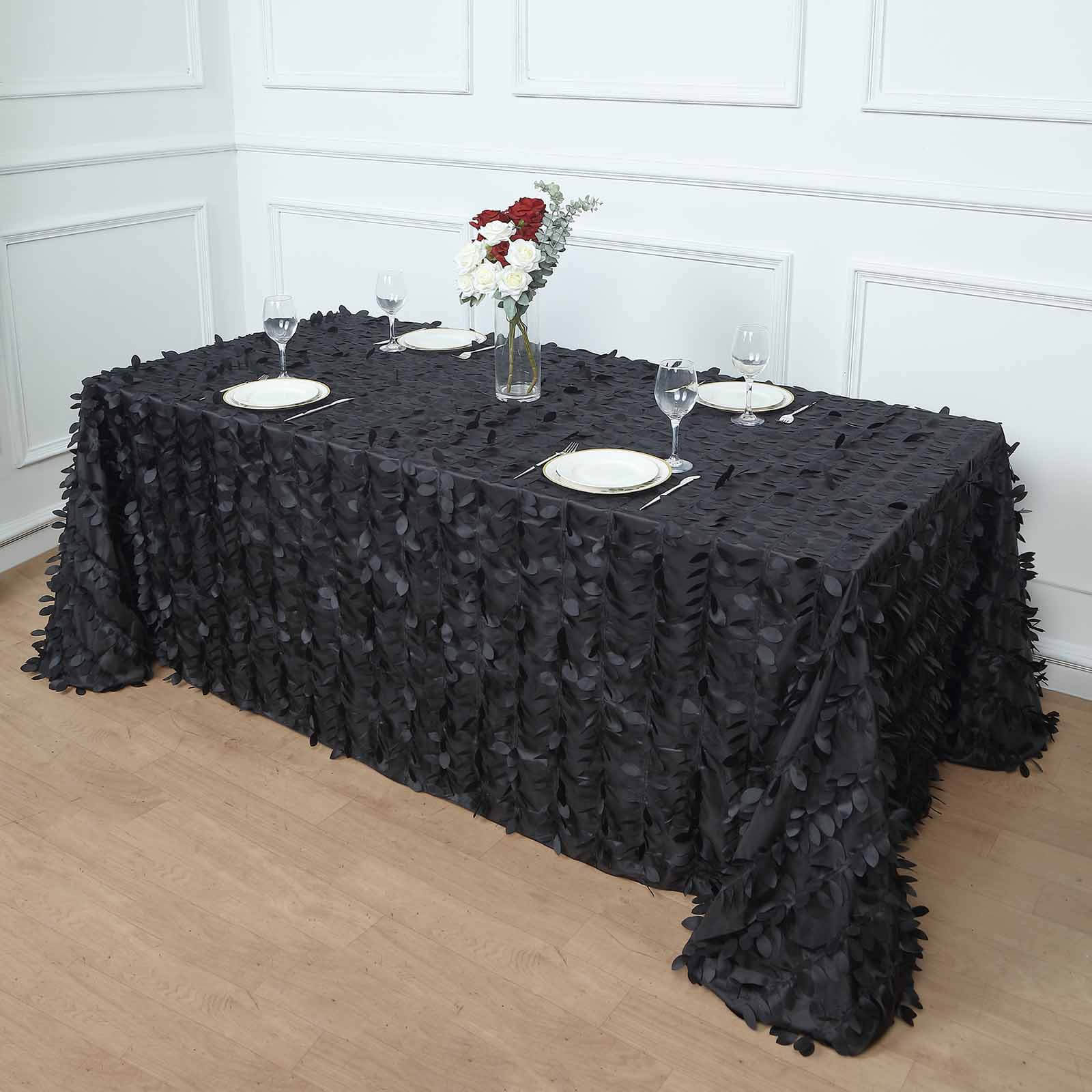 Taffeta 90"x132" Rectangle Tablecloth Black | 3D Leaf Petal Design Seamless Table Cover