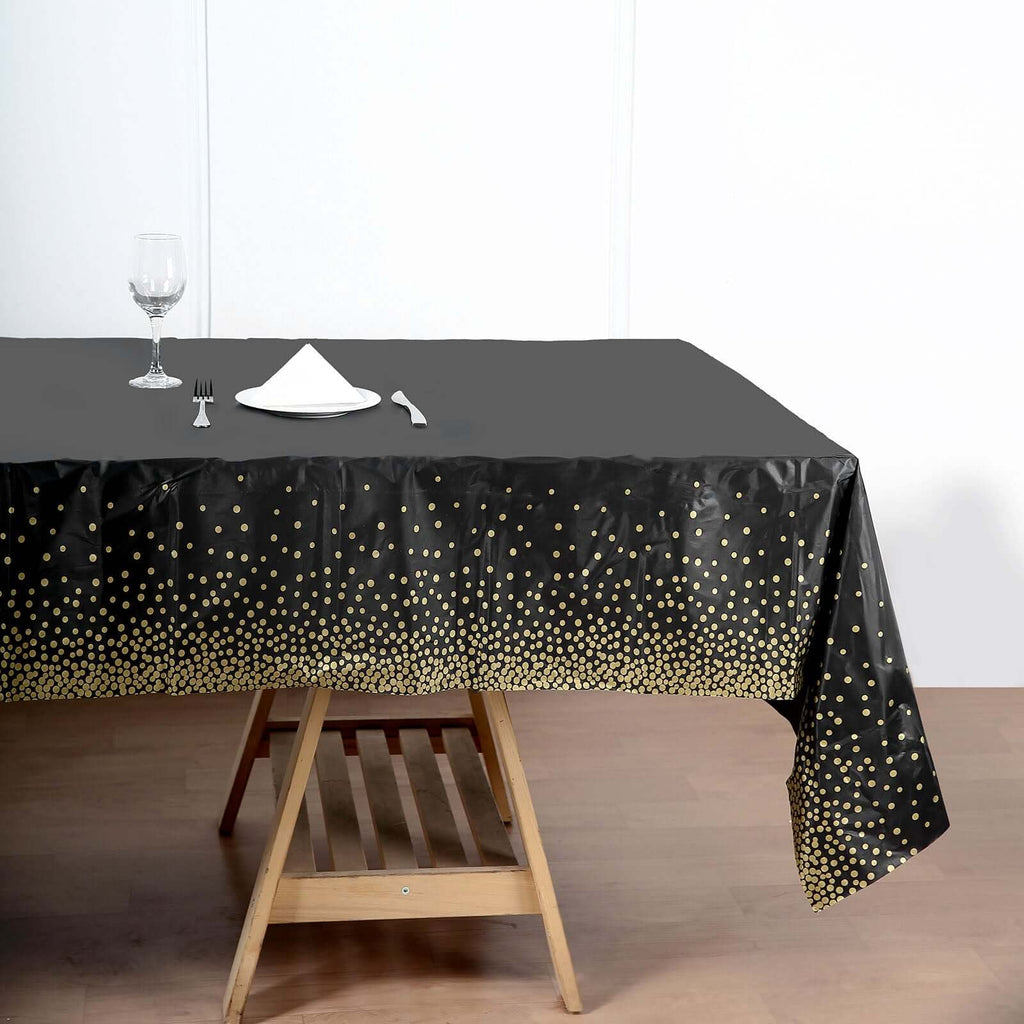 5-Pack Plastic Table Covers Black Rectangle with Gold Confetti Dots - Durable PVC Disposable Tablecloths for Events 54"x108"
