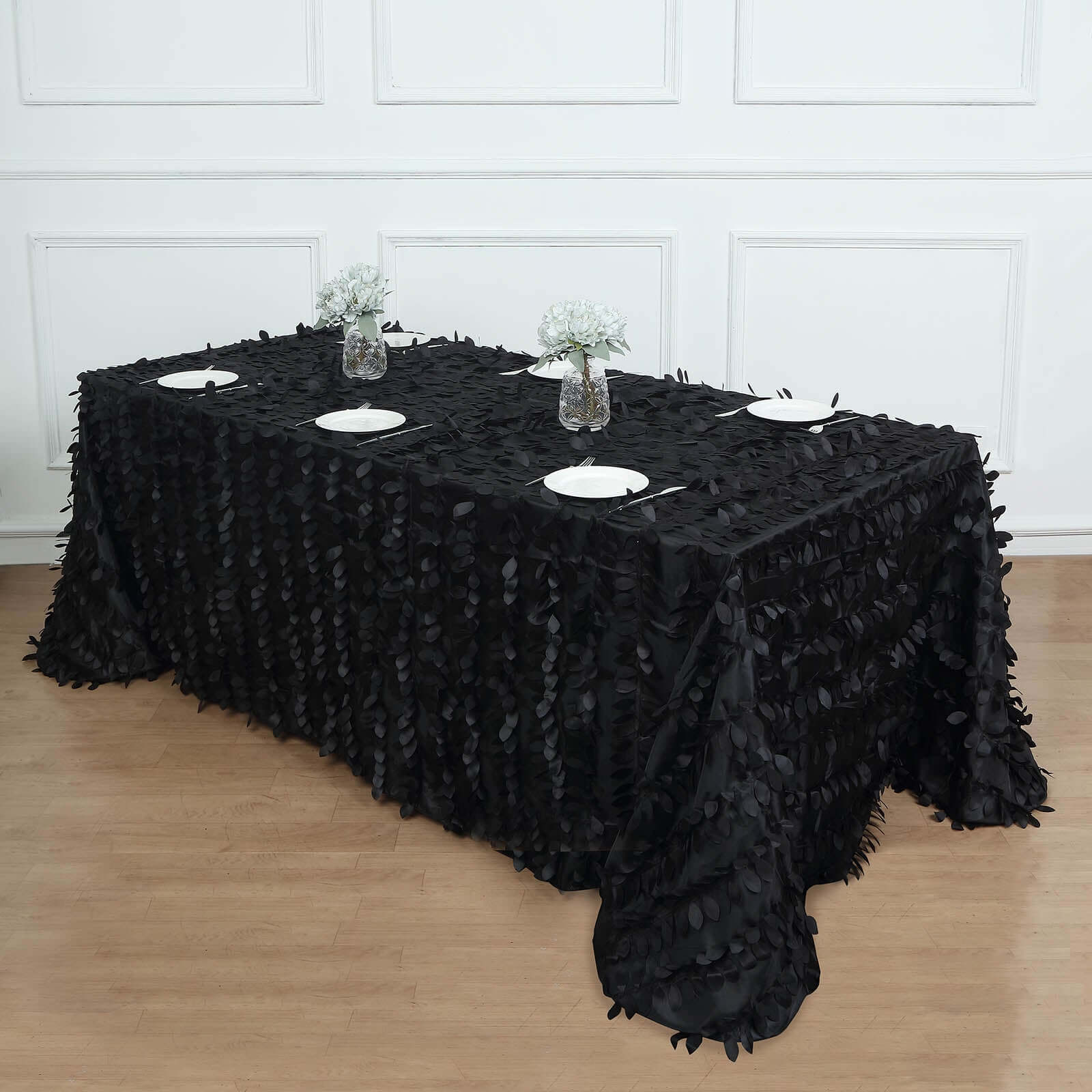 Taffeta 90"x156" Rectangle Tablecloth Black | 3D Leaf Petal Design Seamless Table Cover