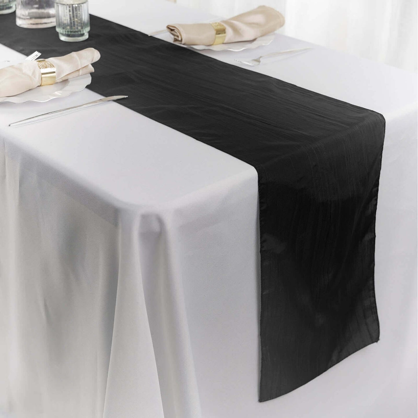 Taffeta 12"x108" Table Runner Black - Accordion Crinkle Design