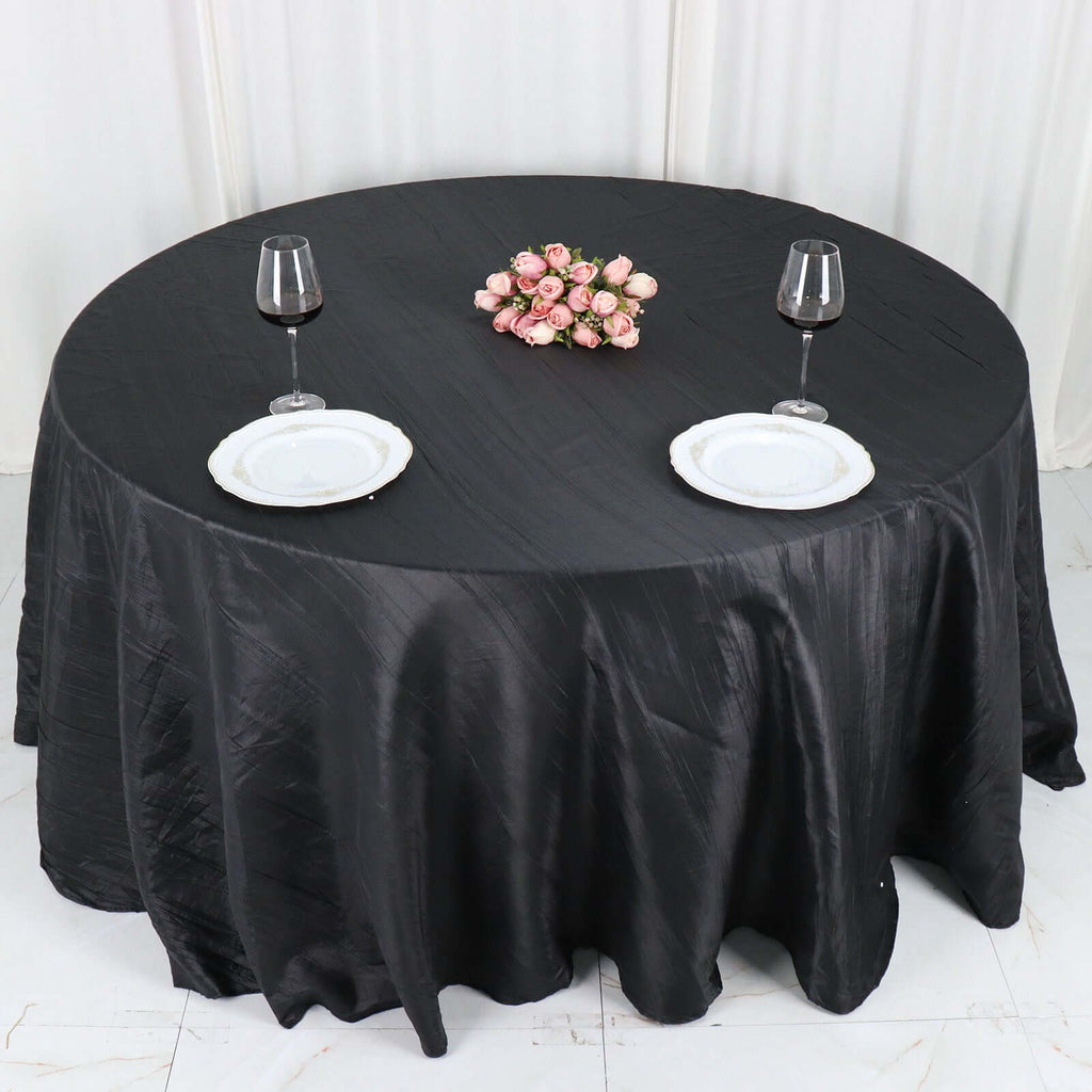 Taffeta 132" Round Tablecloth Black - Seamless Accordion Crinkle Design for Exquisite Occasions