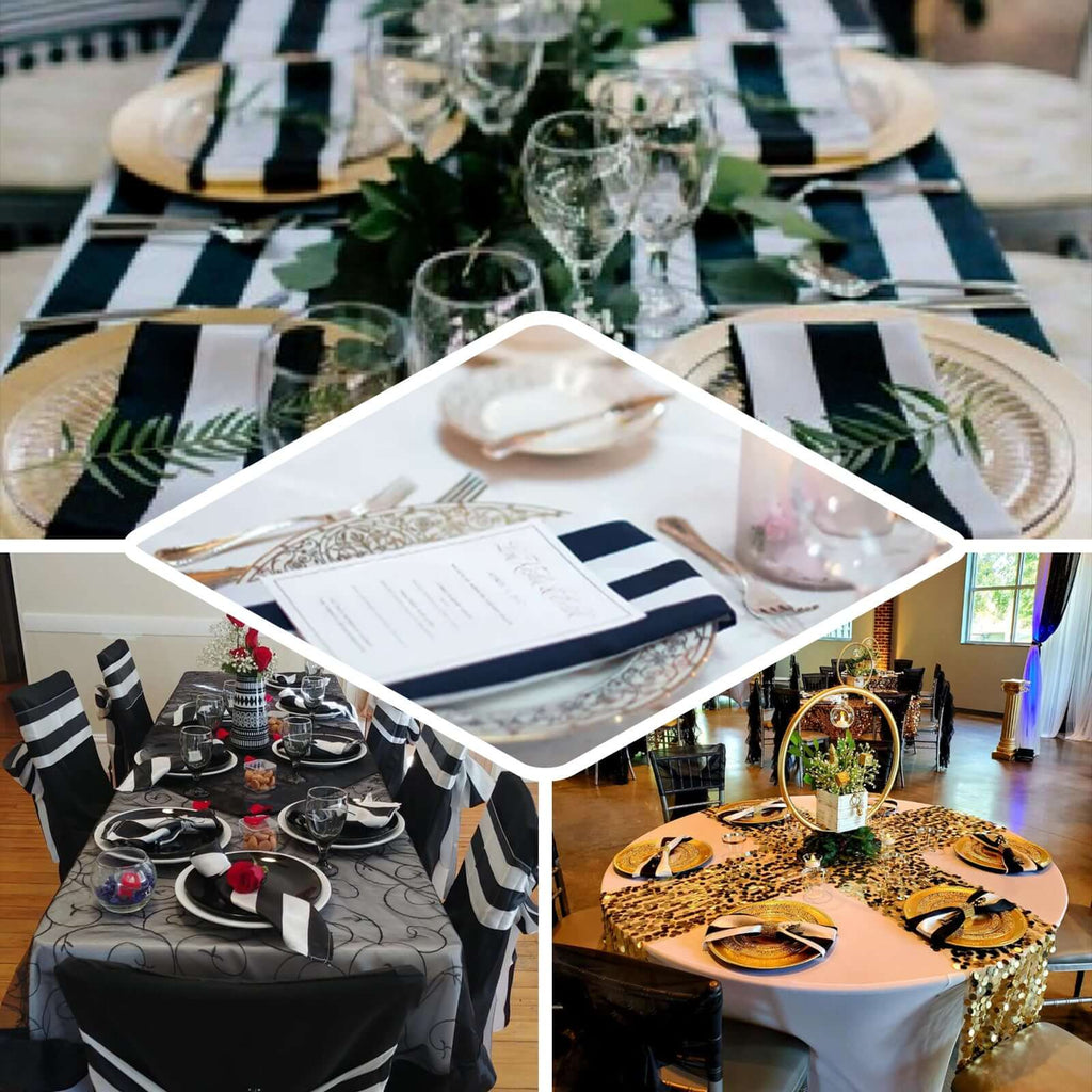 5 Pack Satin 20"x20" Napkins Black/White - Striped Reusable Dinner Napkins for Formal & Casual Dining