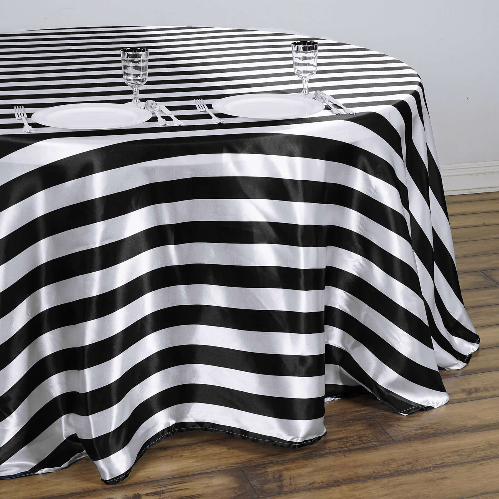 Satin 120" Round Tablecloth Black/White - Stripe Design with Seamless Silky Smooth Finish Table Cover