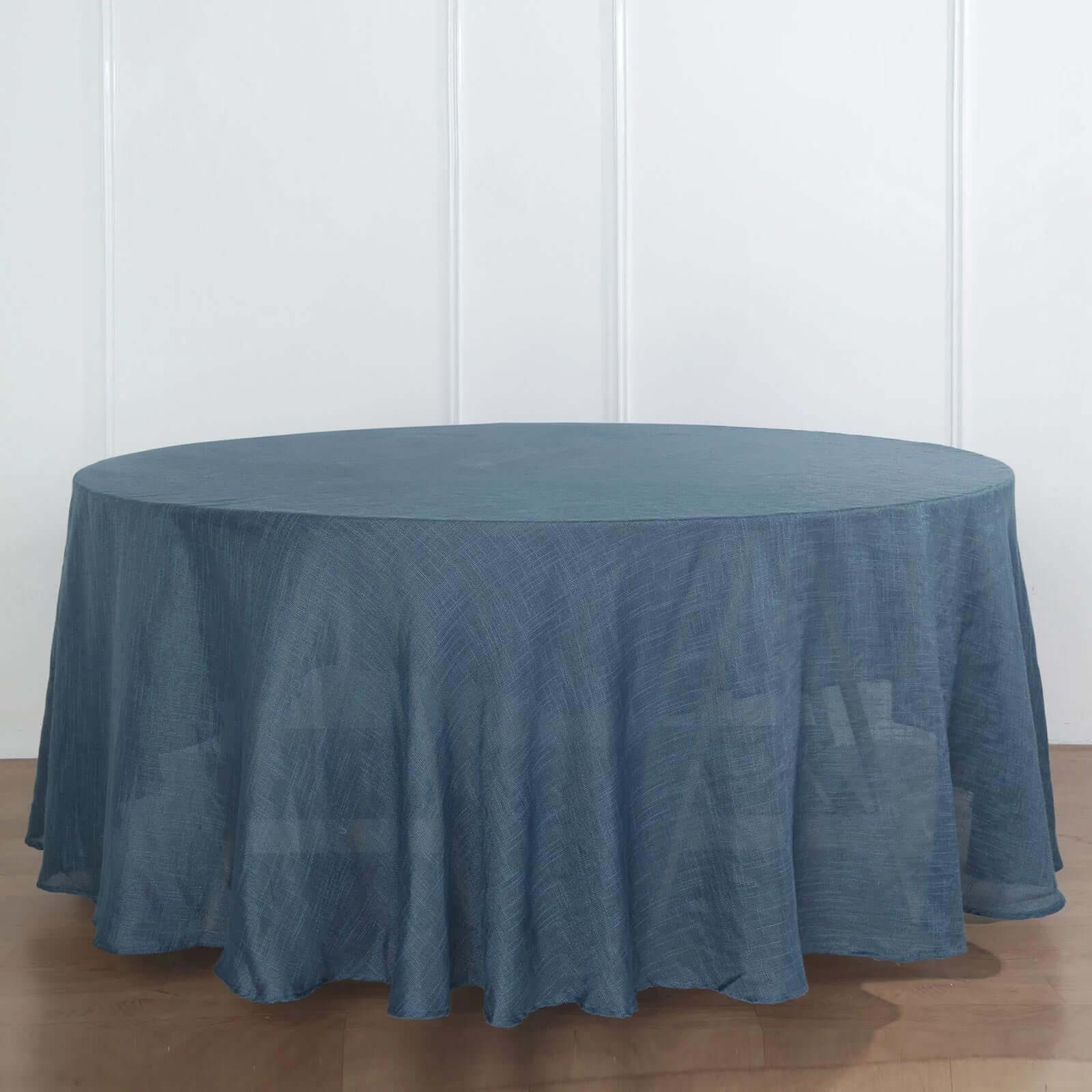 Faux Linen 120" Round Tablecloth Blue - Slubby Texture Wrinkle-Resistant Seamless Table Cover