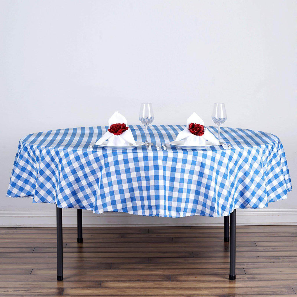 Polyester 70" Round Tablecloth White/Blue - Checkered Buffalo Plaid Table Cover