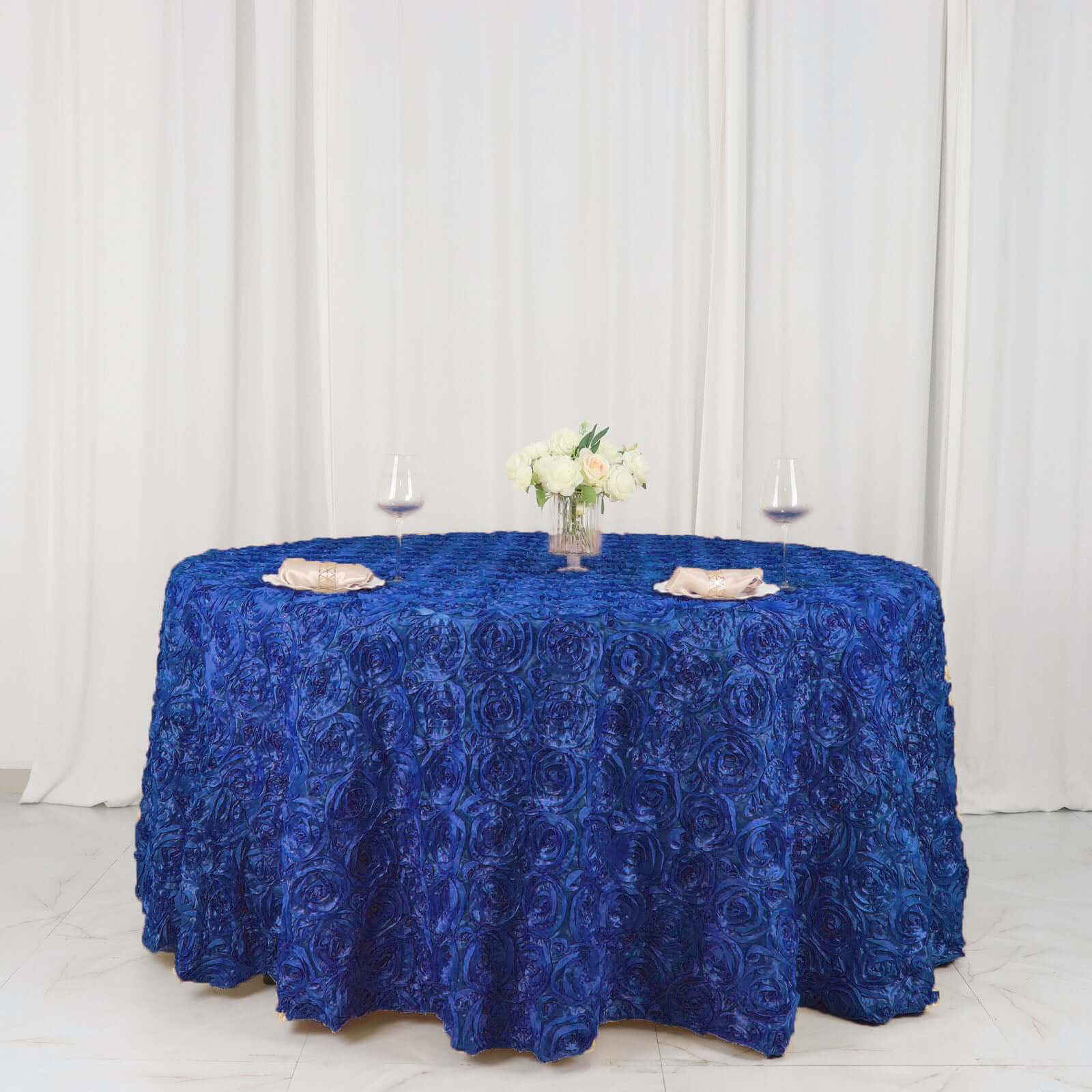 Satin 120" Round Tablecloth Royal Blue - Grandiose 3D Rosette with Seamless Finish Table Cover